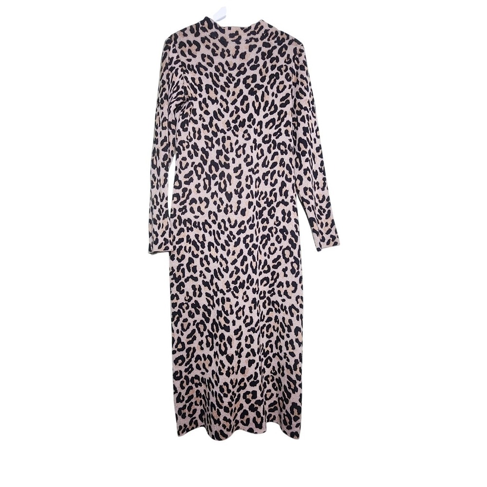 Nina Leonard Midi Sweater Dress Long Sleeve Mock Neck Black Camel Animal Leopard